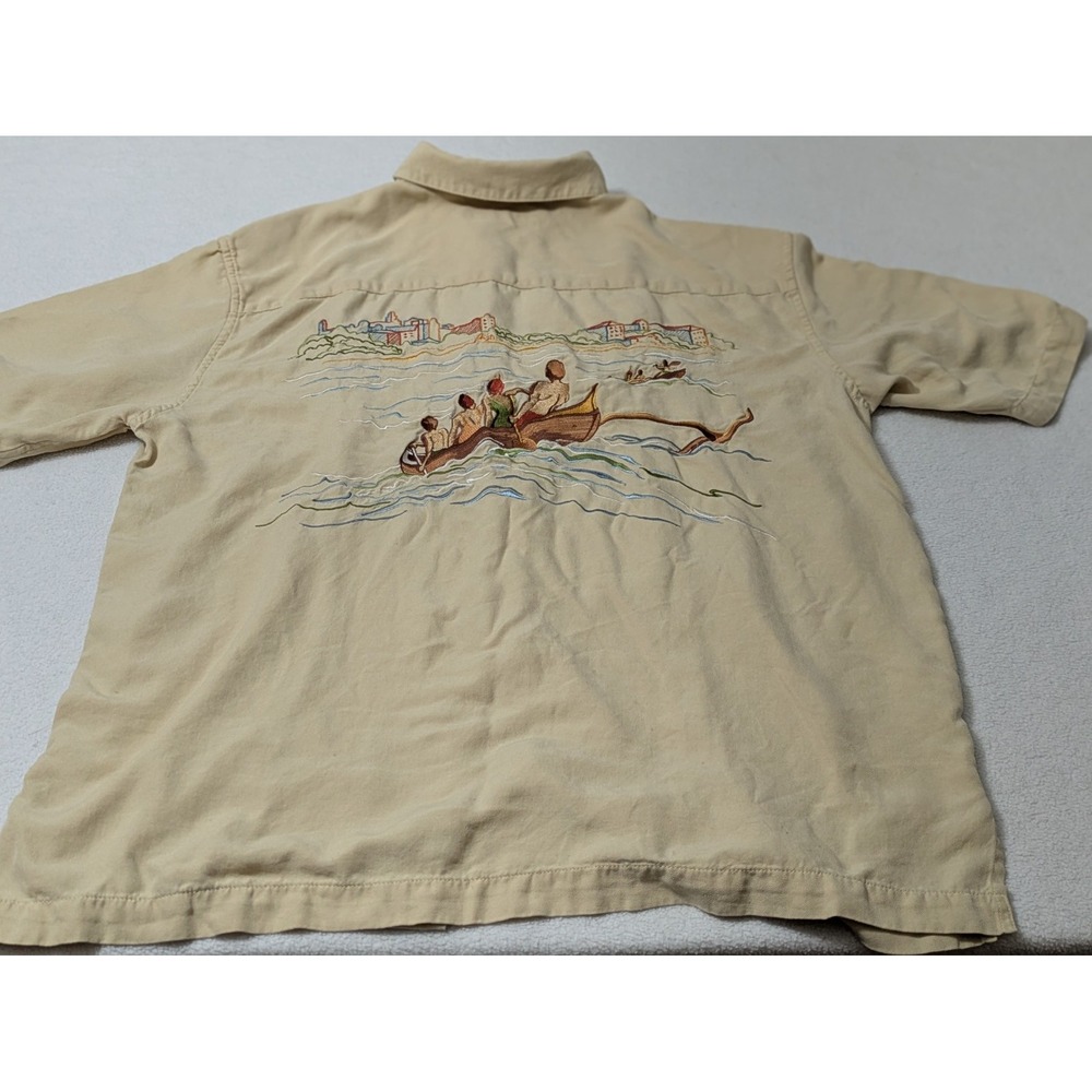 Tori Richard Mens M Silk Blend Shirt Tan Beige Hawaiian Canoe Island Embroidered